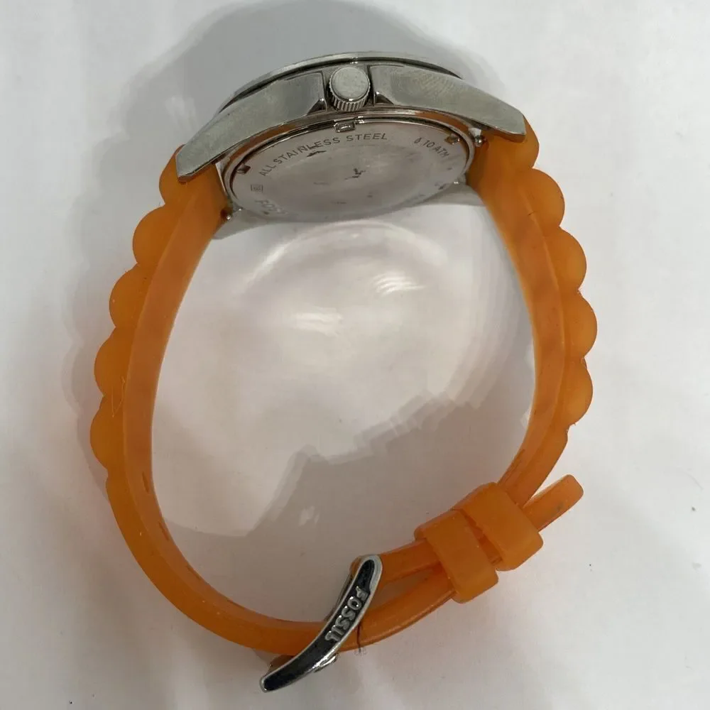 Fossil ES3202 Women Orange Rubber Analog Silver Dial Quartz Genuine Watch HK1018